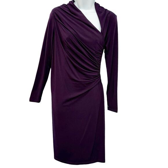 David Meister Ruched Asymmetrical Purple Faux Wrap Long Sleeve Sheath Dress sz 4 - Picture 3 of 12